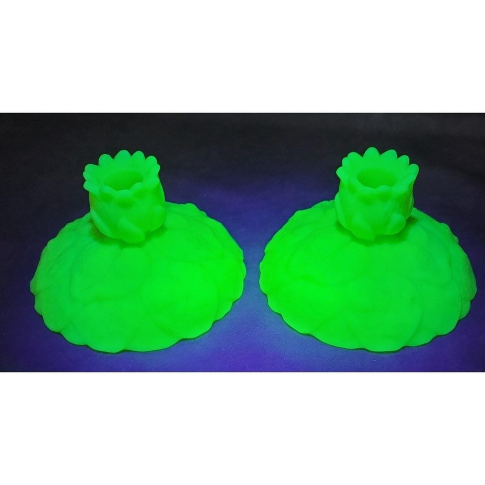 Vintage Fenton Satin Lime Green Water Lily Candle Holders Pair UV Reactive Glass